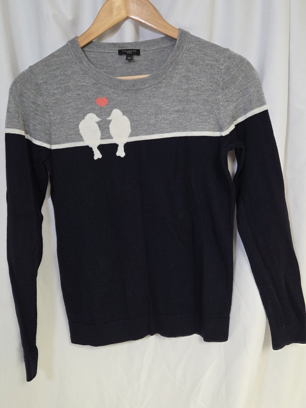 Talbots Two-Tone Grey & Navy Crewneck Sweater‎ with Bird Motif Sp